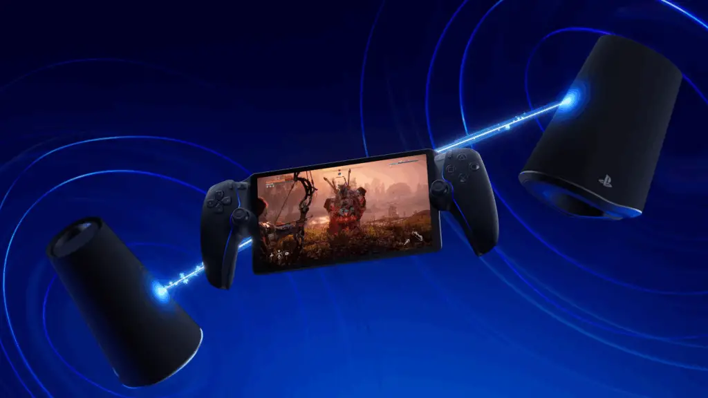 The Pulse Elevate wireless speakers are shown connected to various devices, including a PS5, a desktop gaming PC, and a PlayStation Portal.