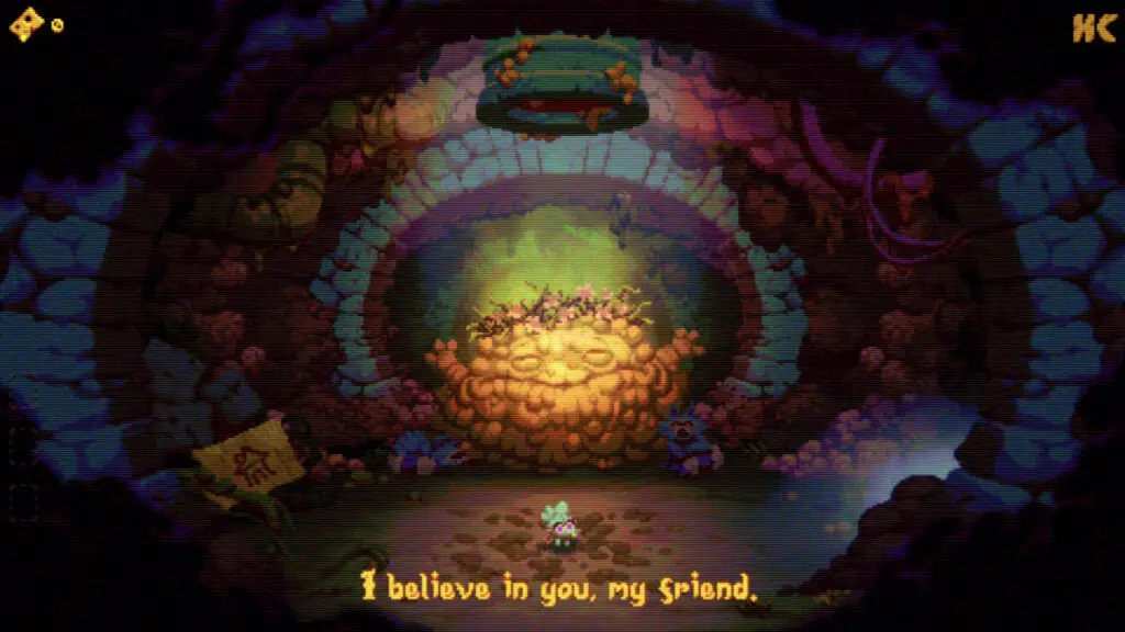 The mouse meeting a friendly poo monster in Morsels.