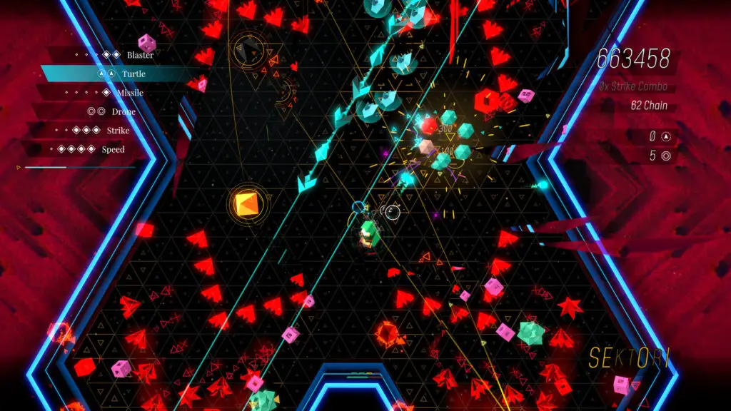 An arrow-shaped ship blasts colourful shapes in top-down arena combat in Sektori