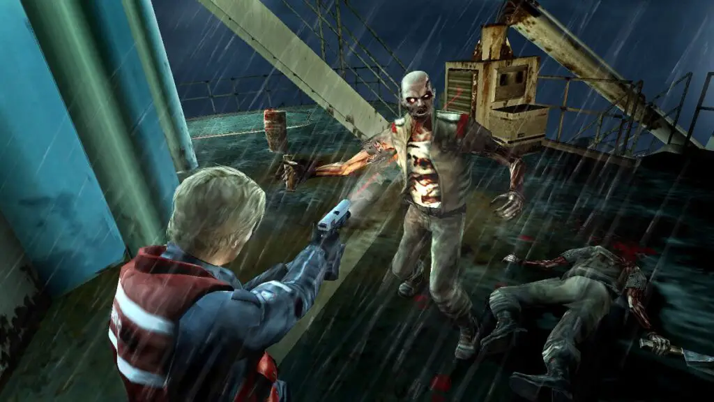 A member of the Coast Guard points a handgun at a zombie on the deck of a boat