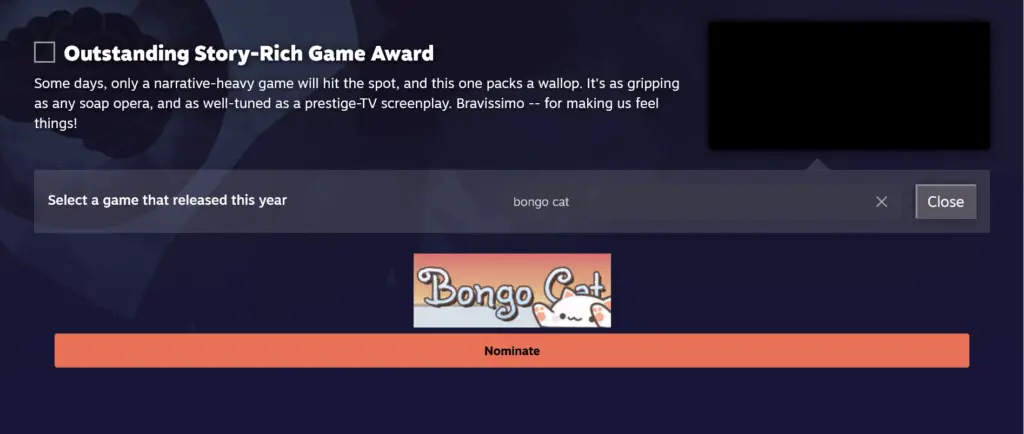 Bongo Cat nomination for Outstanding Story-Rich Game Award in the 2025 Steam Awards