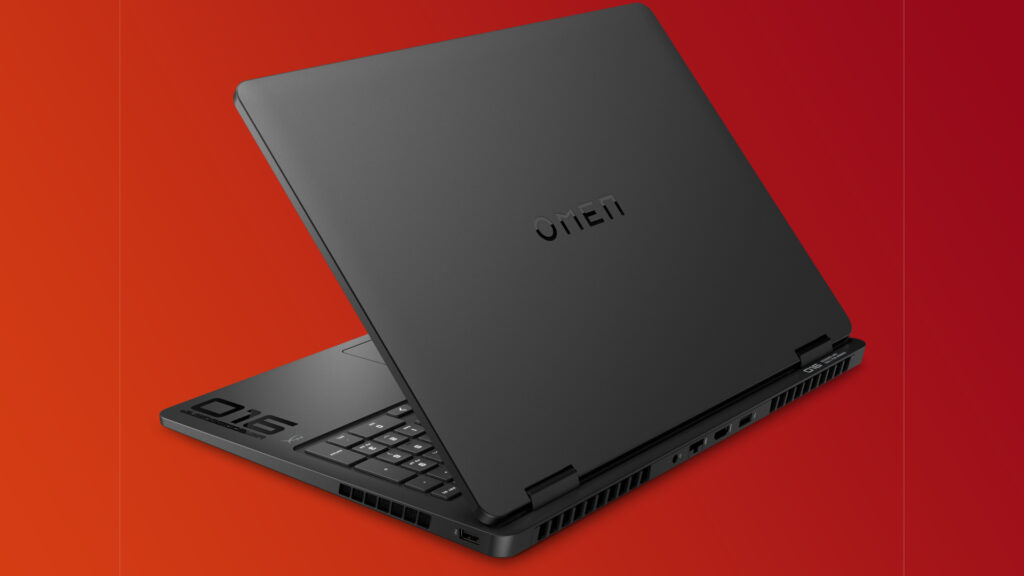 The HP Omen 16 on a red deals background