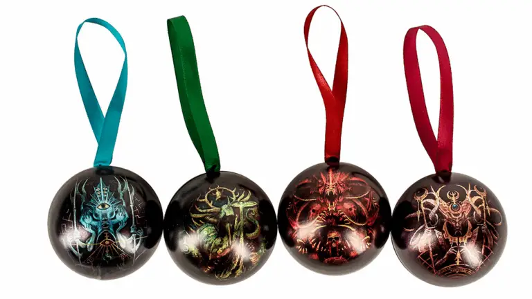 A set of Warhammer Christmas baubles, each themed after one of the four Chaos gods.