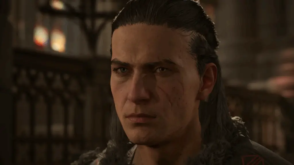 Blood of Dawnwalker protagonist Coen giving smoldering stare into camera in cathedral