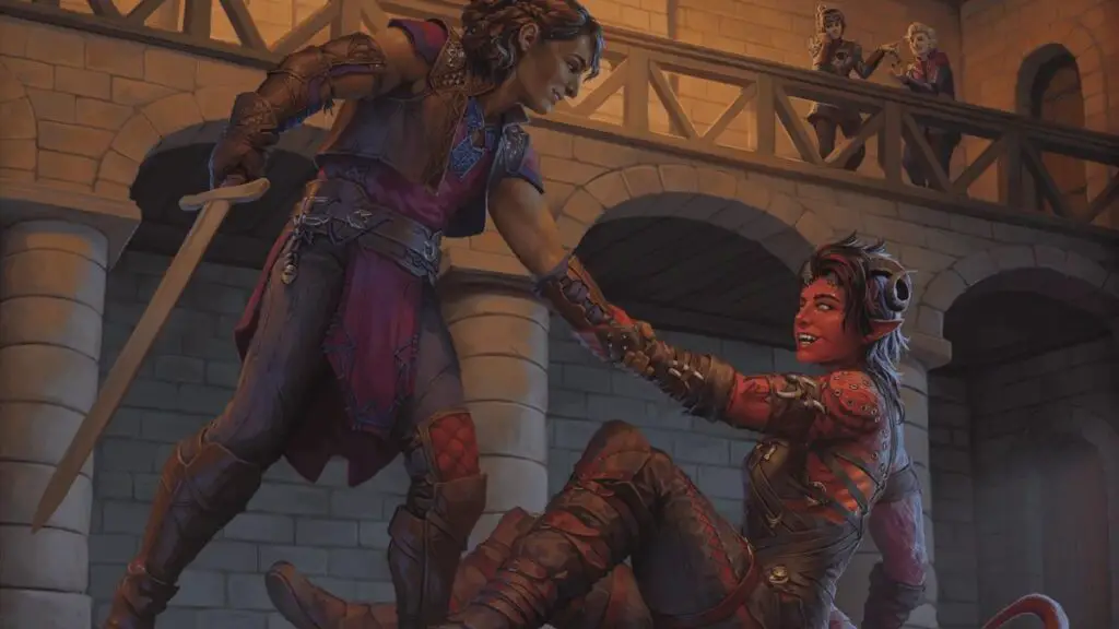 Garmult helps Karlach to her feet while Shadowheart pays Astarion for the outcome of a bet