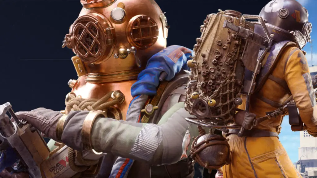 Arc Raiders: Artwork for the new Leviathan bundle showing a close-up of a player in a divers helmet reloading on the left, and a player modelling the barnacle-covered backpack on the right.