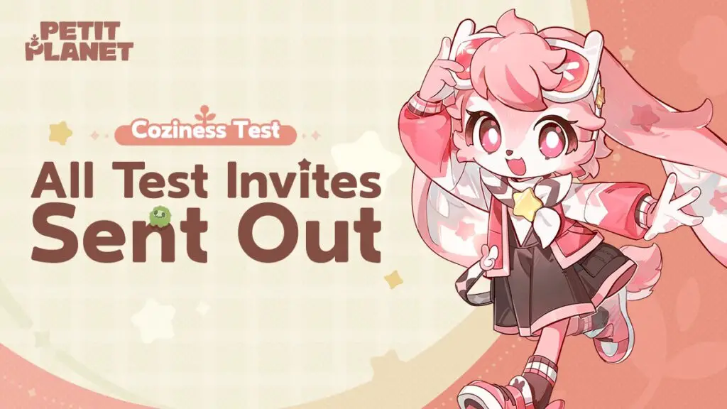 Petit Planet - a pink rabbit-like creature with text beside it reading that all coziness test invites have been sent out