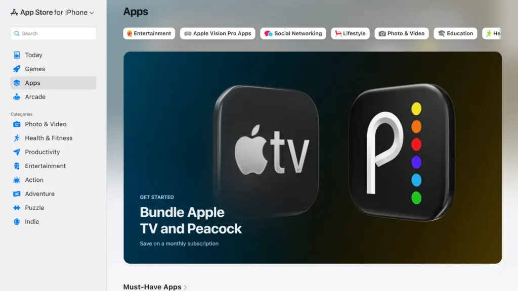 A screenshot of Apple's App store in a web browser