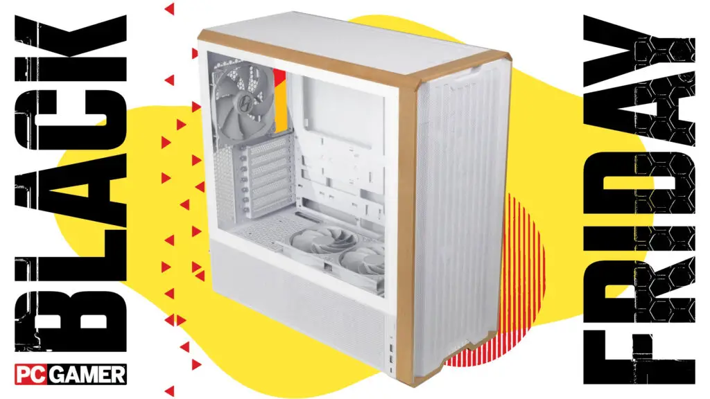 A white Lian Li Lancool 217 PC case against a colorful background, with Black Friday and PC Gamer logos.