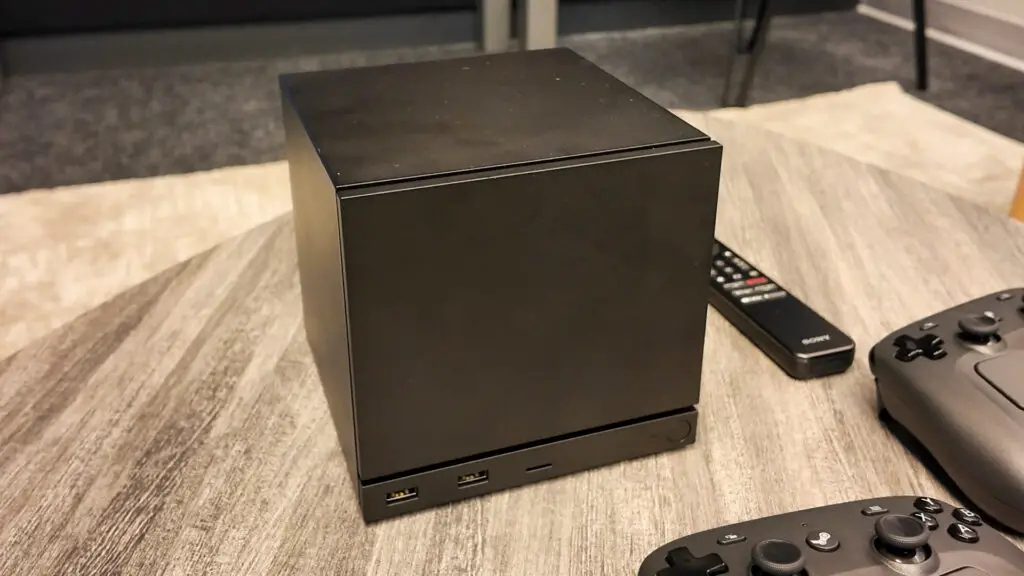 Valve's new Steam Machine during a visit to Valve HQ in Bellevue, Washington. The Steam Machine is a compact living room gaming PC.