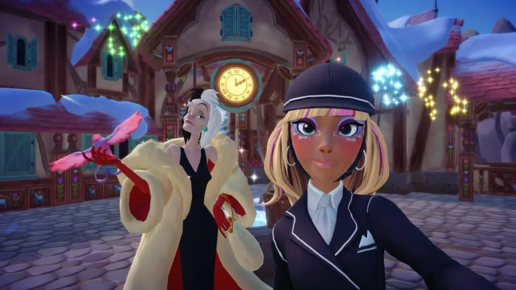 Cruella and player in Disney Dreamlight Valley Wishblossom Ranch