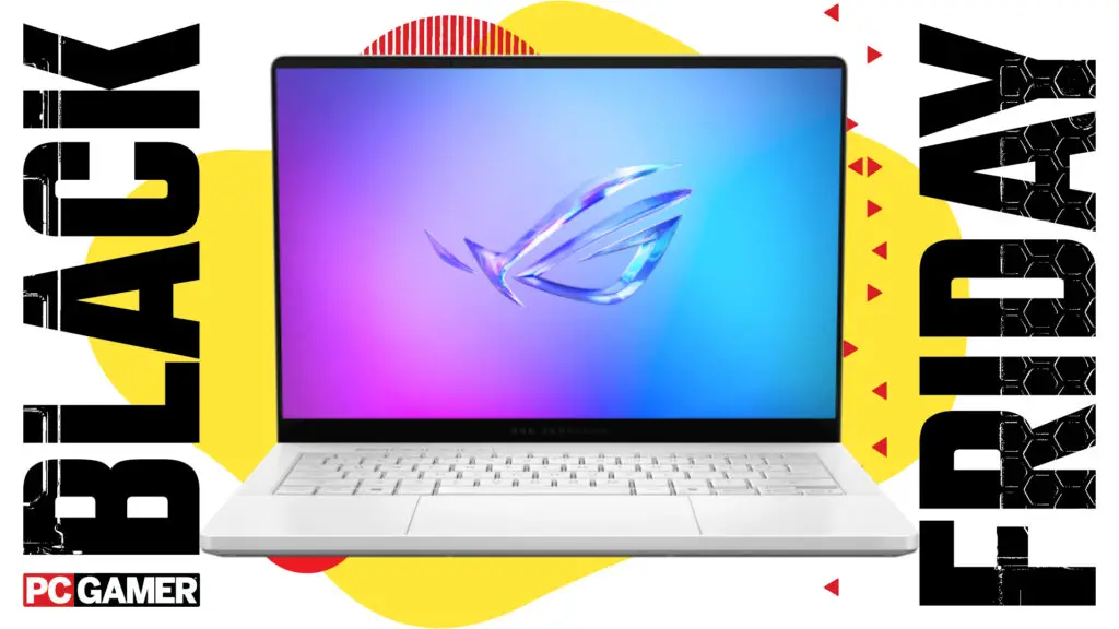 An Asus ROG Zephyrus G14 gaming laptop on a Black Friday deals background