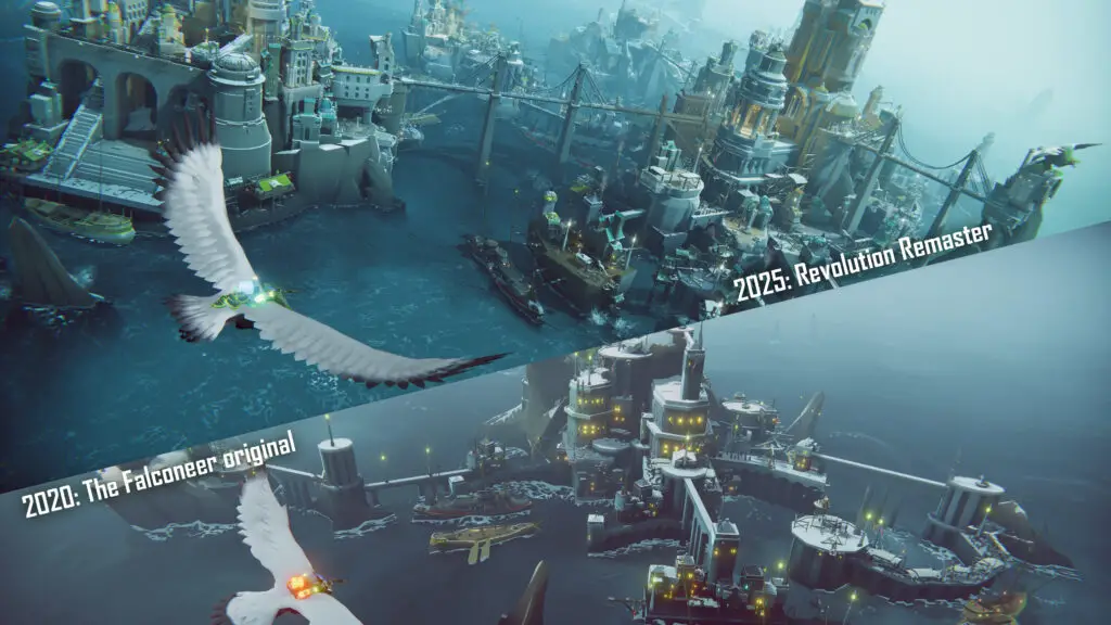 A comparison shot between two versions of the Falconeer.