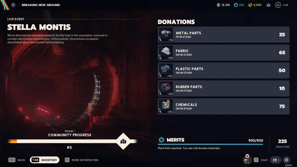 Arc Raiders Stella Montis event: The Breaking New Ground event page to unlock the Stella Montis map, showing the community progress, donation options, and Merits earned.