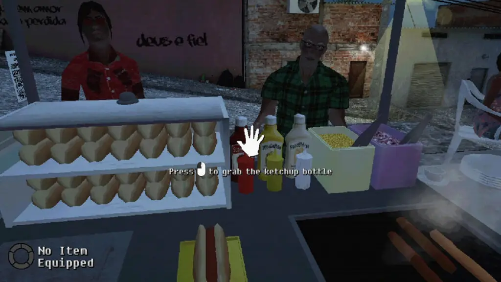 A screenshot from Serra de Deus showing a behind-the-counter view of a hotdog stand