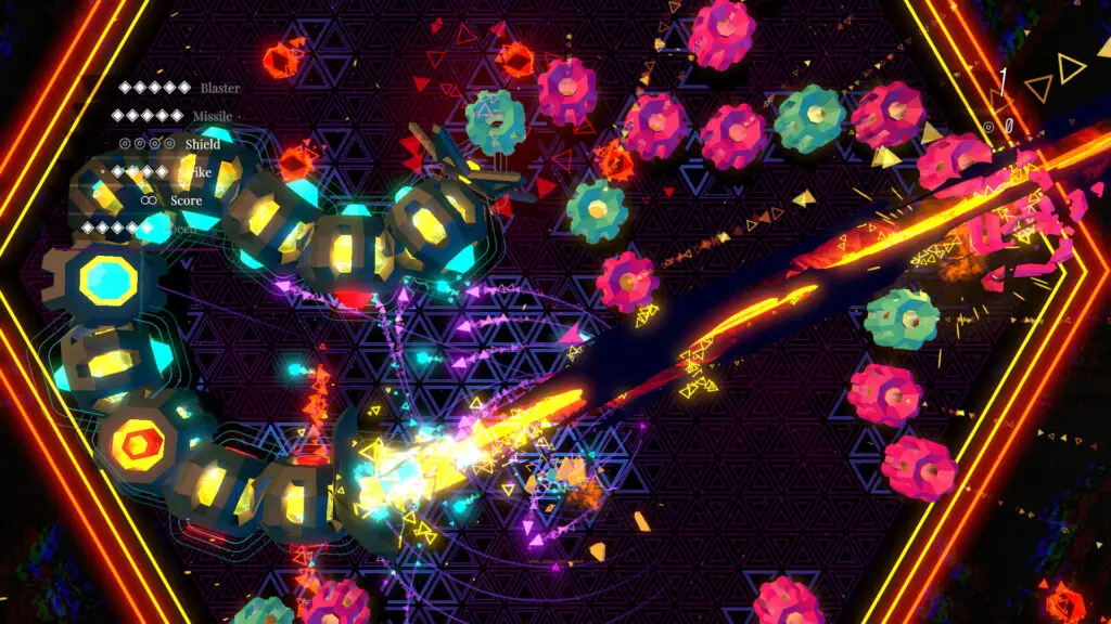 An arrow-shaped ship blasts colourful shapes in top-down arena combat in Sektori