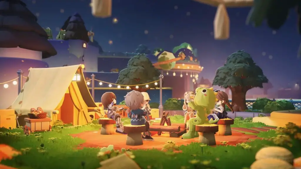 Several player characters from Petit Planet sitting outside of a tent at night time. They're all gathered around a campfire, dressed in various custom outfits.