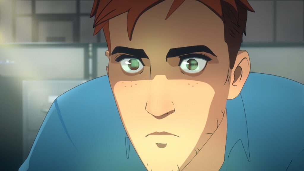 A character named Robert staring intently at a computer screen, possibly from the game Dispatch.