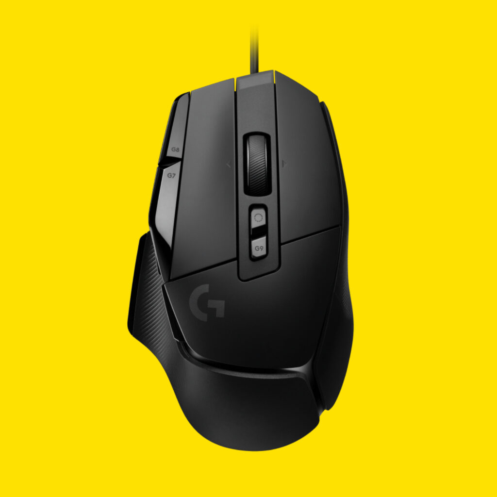 The Logitech G502 X gaming mouse on a yellow background