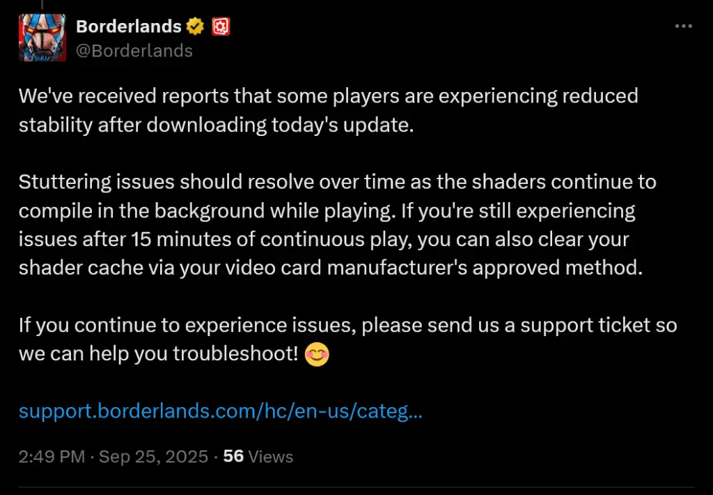 A screenshot illustrating Borderlands 4's in-game settings or a general game screen, relevant to performance discussions.