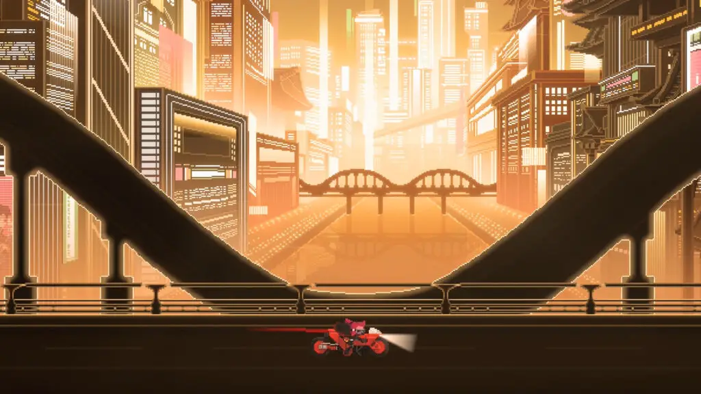 The player character rides an Akira-style motorcycle across a bridge in Sanabi - A Haunted Day