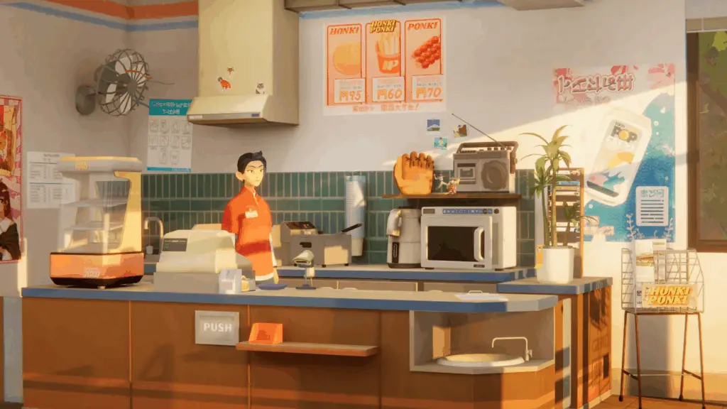 Shop assistant Makoto behind the counter