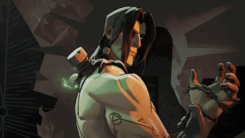 Victor from Deadlock stands poised edgily, hair over one eye, holding one wrist with the other hand.