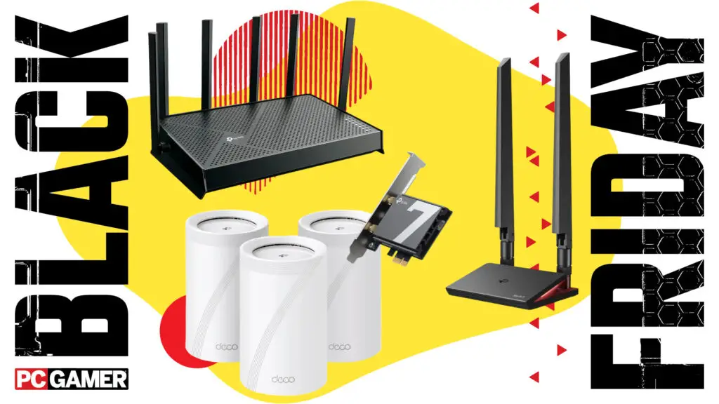 A collage of TP-Link wireless networking devices against a colorful background, with promotional logos.
