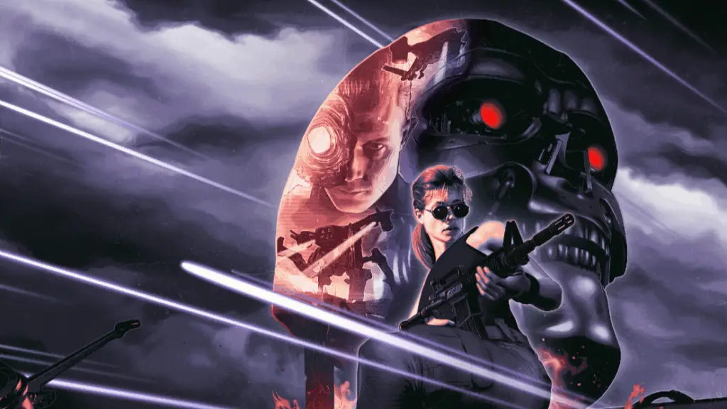 Promotional art for Terminator 2D: No Fate, showing Sarah Connor wielding a sniper rifle, superimposed onto a T-800 endoskeleton head and the T-1000 reforming after being shot in the head.