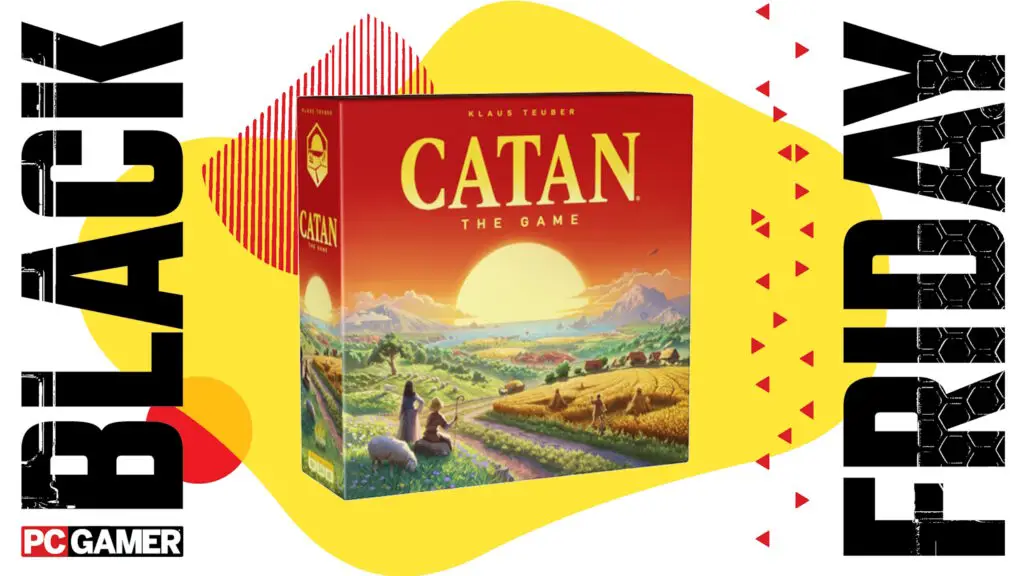 Catan on a Black Friday background with yellow and red markings