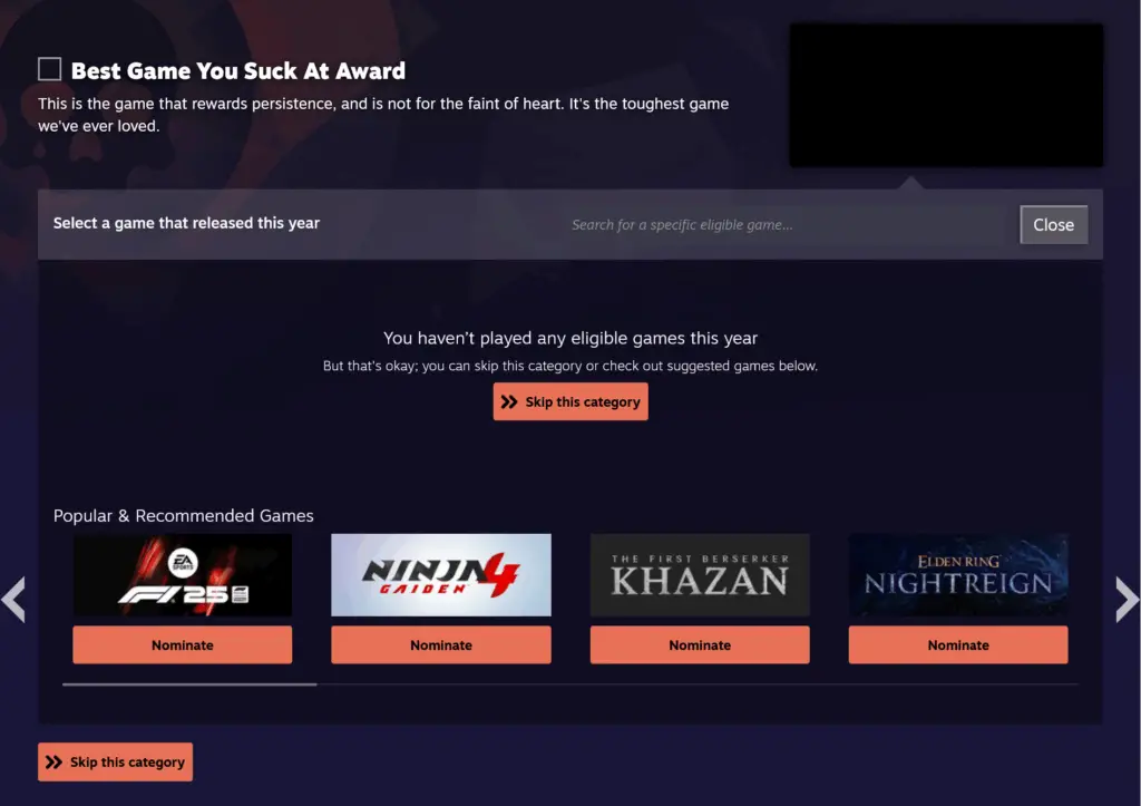 Best Game You Suck At category in the 2025 Steam Award nominations