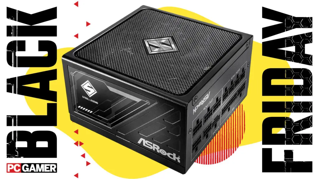 An image showing an ASRock Steel Legend SL-1000G power supply unit against a colorful background, with a set of Black Friday and PC Gamer logos on the sides
