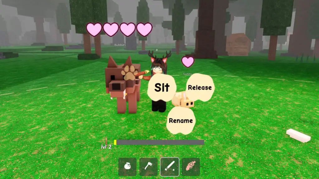 The pet taming menu in 99 Nights in the Forest. The tamed wolf is standing beside a player, who has the options to Sit, Release, or Rename.