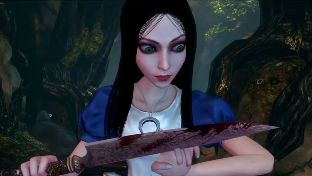Alice: Madness Returns PC game screenshot showing Alice in a dark, surreal environment, with Alice holding her Vorpal Blade.