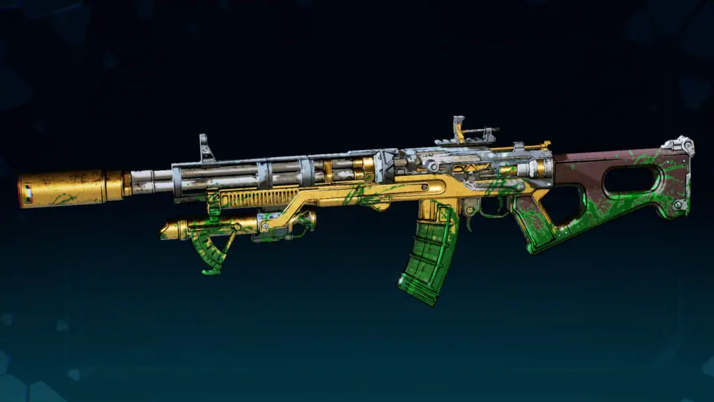 Borderlands 4 Wombo Combo location: The Wombo Combo legendary assault rifle against a dark blue background.