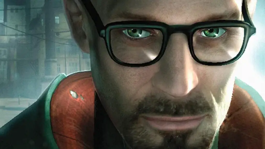 Close up of classic box art render of Gordon Freeman's face from Half-Life 2.