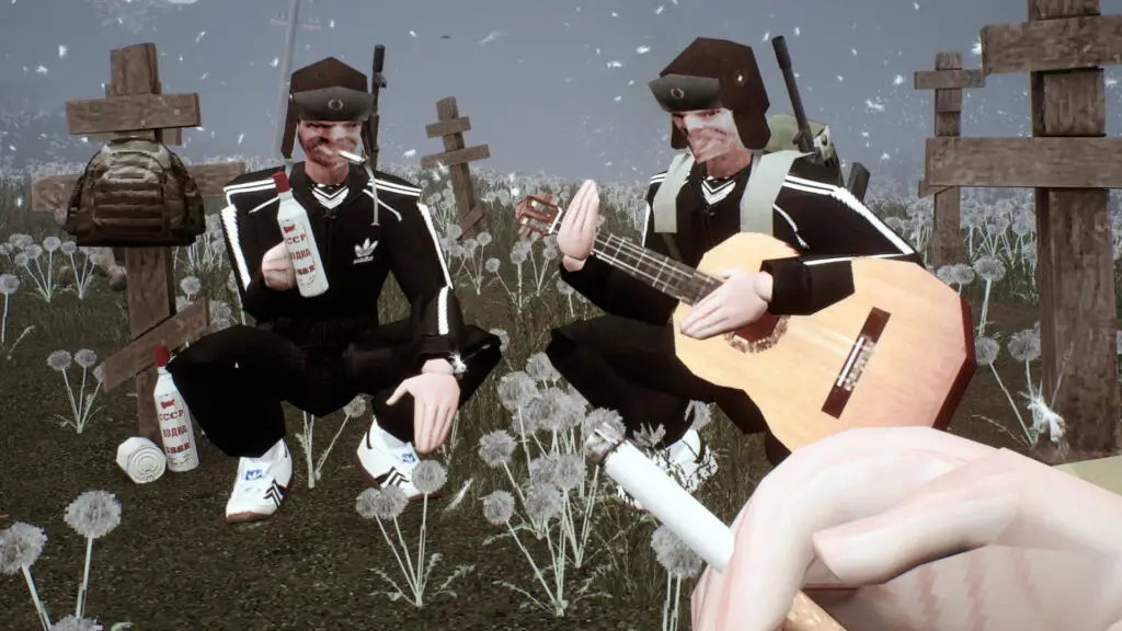 A player smokes a cigarette in first person while their comrades drink vodka and play a guitar in Misery.