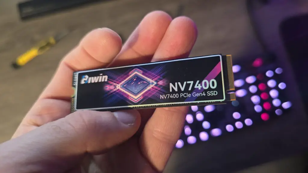 The Biwin Black Opal NV7400 SSD out of its packaging and installed in a PC.