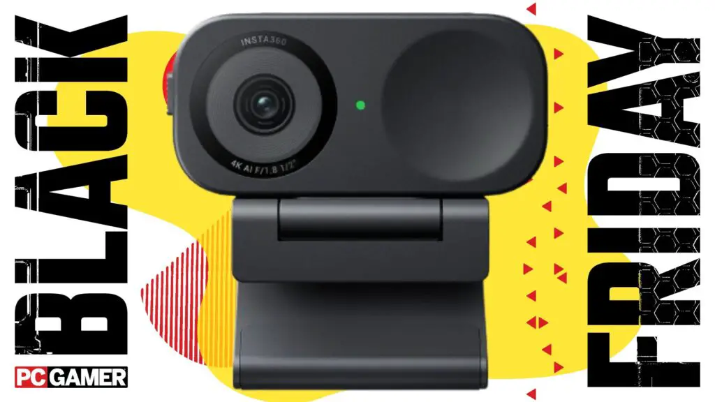 Insta360 Link 2C webcam on a yellow background with 