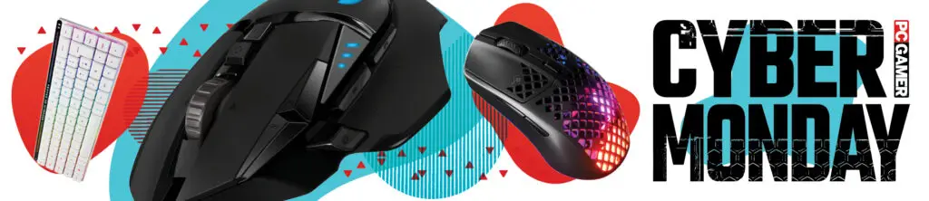 Two gaming mice and a keyboard on a red and blue Cyber Monday banner