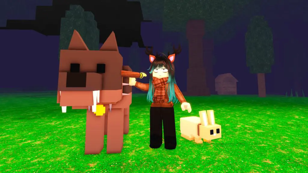 A 99 Nights in the Forest player standing with her pet wolf and bunny in the dark. She's also holding the Taming Flute.