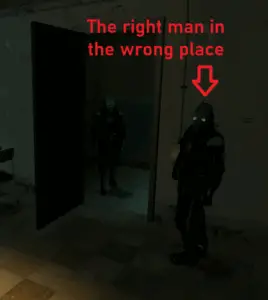 A metrocop from Half-Life 2 stands adjacent to an open door. A caption reads, "The right man in the wrong place."