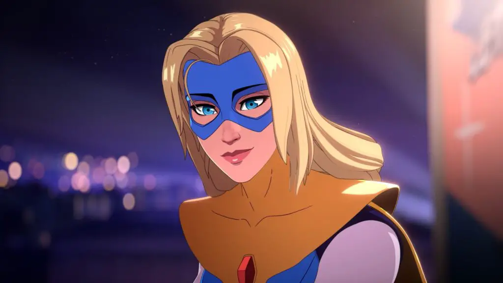 Blonde Blazer, a superhero in a blue mask, with the LA skyline behind her