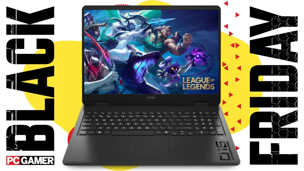 An HP Omen 16 RTX 5060 gaming laptop on a colorful Black Friday deals background