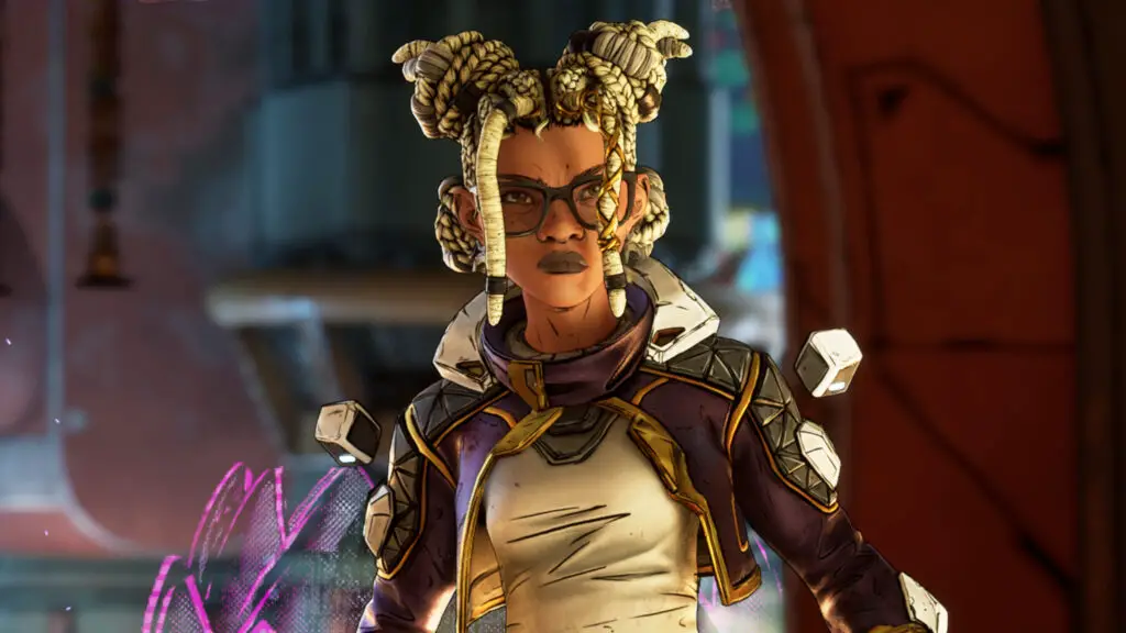Borderlands 4 weekly update patch notes: An upper-body shot of Harlowe standing in a doorway with a determined, somewhat disgruntled facial expression.