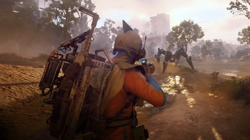 Arc Raiders Aphelion blueprint: A raider wearing a blue and orange space-age jumpsuit while fighting a Leaper.