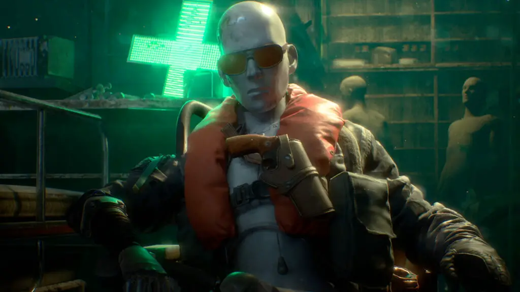 An upper-body shot of Lance, the robot medic wearing sunglasses and a gun holster on his chest, casually sitting in a chair in his room, lit by a neon medical sign, from Arc Raiders.