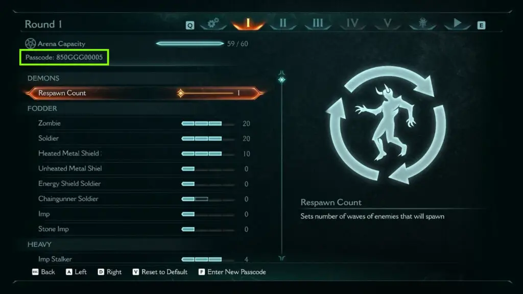 An image of Doom: The Dark Ages' Ripatorium menu, showing various options for spawning monsters, with the mode's passcode generation system highlighted in a green rectangle.