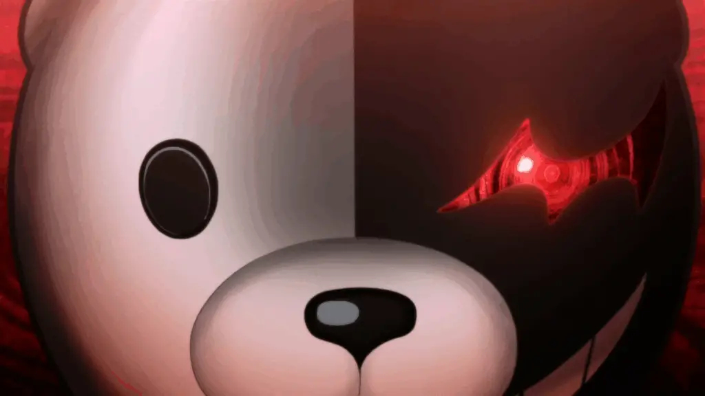 A black-and-white teddy bear from the Danganronpa games, Monokuma, stares down the camera.