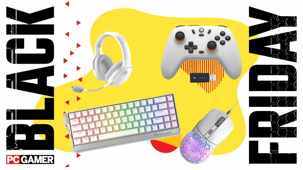 Various white PC peripherals float in the funky deal void